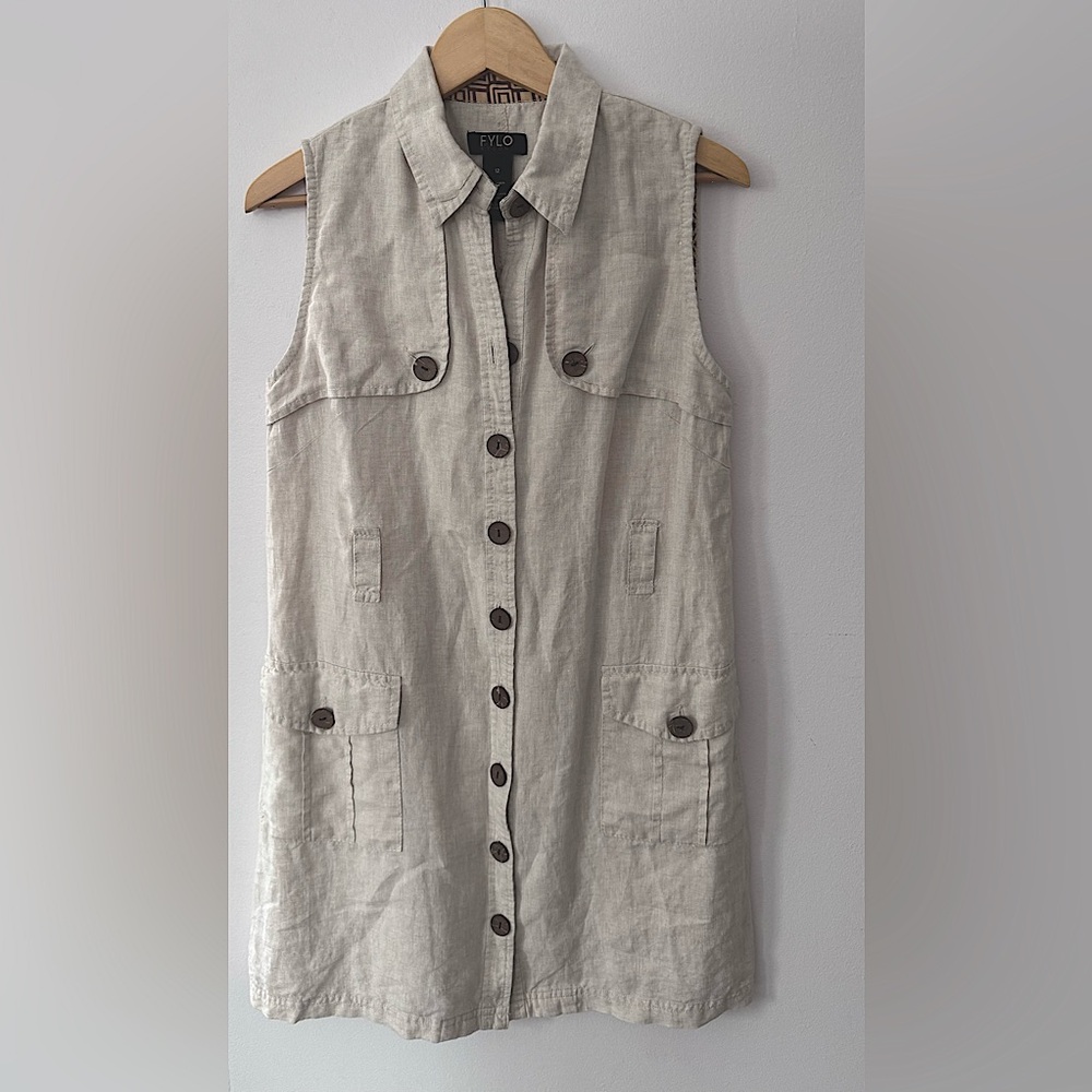 FYLO Beige Linen Button-Down Midi Dress